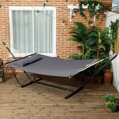 Outsunny Quilted Double Hammock With Stand And Pillow, Heavy Duty 2 Person Hammock With Spreader Bars, Cotton Rope Hammock For Outdoor Camping Beach, Dark Grey