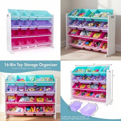 asfdHumble Crew - Organizador de almacenamiento de juguetes de madera 16 contenedores extragrande blanco/rosa y moradows