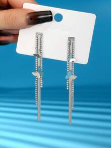 Nooxian 1对女士耳环，时尚优雅的蝴蝶水晶流苏耳环，独特的高端耳环，适合女士日常佩戴 - 銀色 - 查看 2