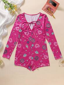 1 pieza Mono de manga larga con cuello en V sexy y cordones para mujer, silueta ajustada, mono de uso doméstico para primavera/otoño con estampado aleatorio - Rosa Fucsia - Ver 6
