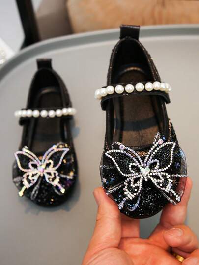 1 Pair Girls' Multi-Color Butterfly Rhinestone Princess Shoes, Pearl Decor Non-Slip Soft Bottom Shoes, Spring/Summer Children Performance Party Leather Shoes