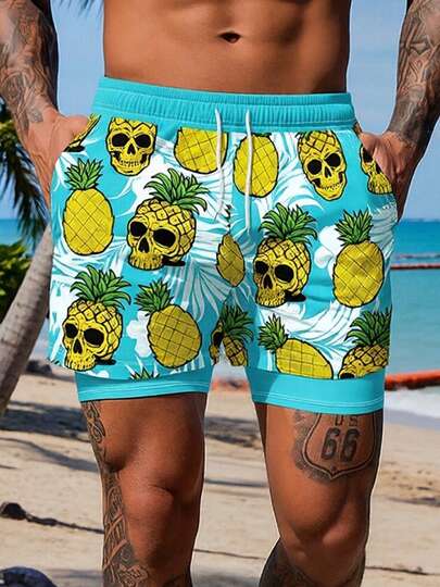 男士夏季骷髅水果印花双层沙滩短裤，适合度假、休闲和日常穿着