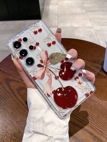1件装 时尚创意全屏蝴蝶结花朵水晶樱桃2D绘画图案透明气囊TPU防震手机壳，适合作为节日礼物，兼容苹果、Galaxy S22/23/24/25/A05/A05S/A53/A54/A55等型号 - 彩色 - 查看 2
