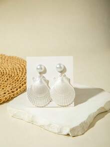 imoli 1 Pair Fashion Versatile Fresh Ocean Element Resin Scallop, Seashell, Starfish, Pearl Dangle Earrings, Suitable For Women Party Jewelry On Vacation - White - View 6