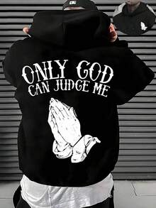 Men's Christian Faith Hooded Sweatshirt With Only God Can Judge Me Printed On The Back And Prayer Hand Design-Hoodie With OF A LOVING GOD Print-Unisex - 黑色 - 查看 1