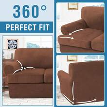 Trugenix-Sofa Cover 2 Piece T Cushion Armchair Slipcovers Velvet Couch Cover Furniture Protector Stretch T Cushion Sofa Covers For 1 Cushion Couch With 1 Individual T Cushion Covers, Deep Teal-GP - 焦糖 - 查看 8