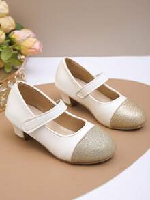 1 Pair Girls' Colorful Sequin Hook And Loop Design Elegant & Lively Small High Heel Shoes, Dance Shoes, Princess Shoes, Party Shoes, Suitable For Year-Round Wear, Perfect Christmas Gift For Children's Birthdays - Champagne - View 7