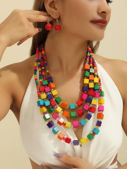 1 Set Handmade Multilayer Exaggerated Wooden Bead Necklace, Boho Style Bib Necklace For Women, Suitable For Beach, Party, Middle East Formal Occasions, Beautiful Jewelry Necklace & Earrings
