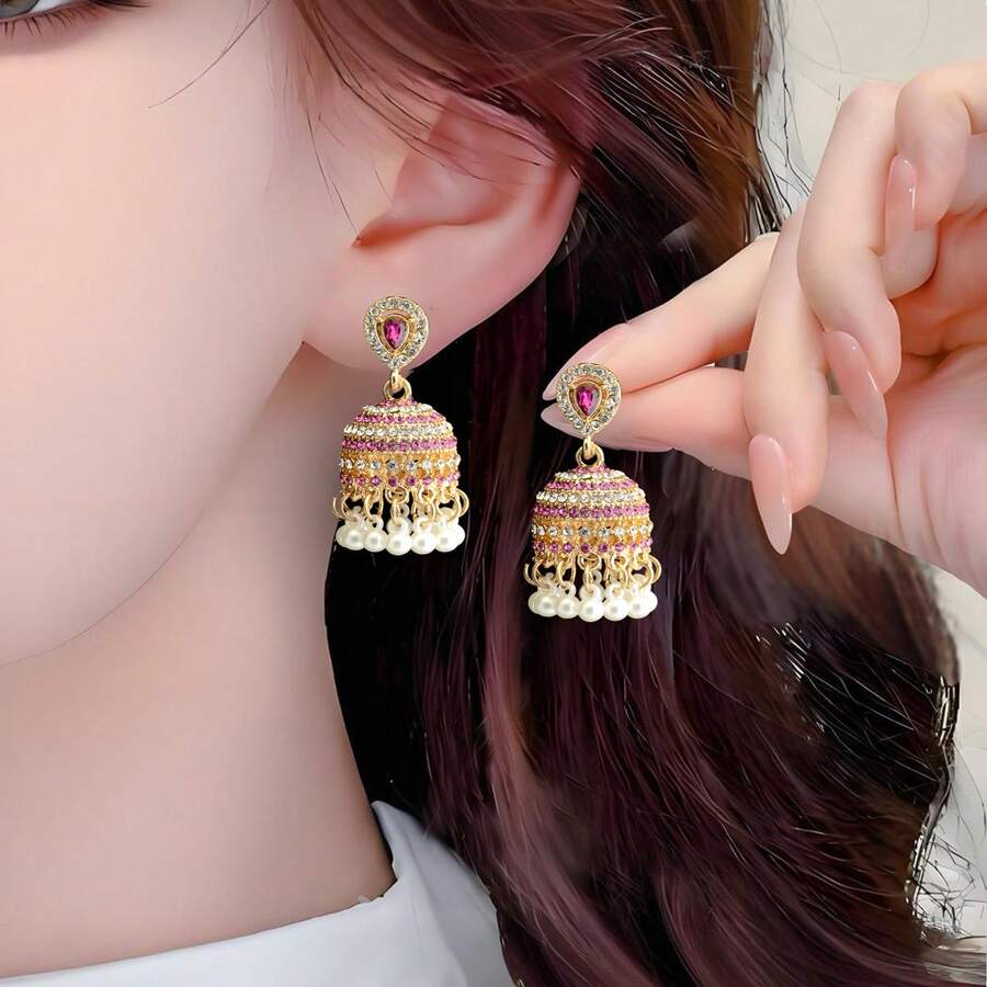 1 Pair Vintage Style Alloy Material Multi-Color Beaded Waterdrop Shaped Earrings, Hollow Bell Design, Small & Delicate, Bohemian Middle Eastern Flower Earrings With Multiple Rhinestones, White Bead Tassel, Suitable For Art, Travel, Holiday, Party, Vacation, Women - Multicolor - View 1