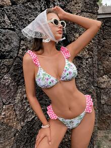 Conjunto de bikini casual de estilo elegante y de moda para mujer, con estampado de palmeras, parches, cuadros rosas, volantes y diseño sexy Y2K, adecuado para fiestas, atuendos primaverales, entretenimiento y vacaciones, romántico, de diseño de moda único, estilo bohemio, para viajes y recreación diaria - Multicolor - Ver 3