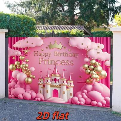 1件装，2D平面粉色公主城堡生日背景横幅，涤纶面料，包含气球、城堡、皇冠图案，适用于女孩生日派对、生日庆典、儿童派对、节日派对装饰、生日背景布、蛋糕桌装饰、摄影背景道具、家居/办公空间/花园/室内外装饰、派对装饰用品、生日礼物。