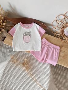 Set de 2 piezas de camiseta de manga corta con estampado de palomitas de maíz + pantalones cortos rosas, informal y dulce para niña bebé, primavera/verano - Rosa - Ver 6