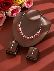 Elegant Women's Jewelry Set, Teardrop Necklace + Earrings, Copper Material Inlaid With Rhinestones, Suitable For Weddings, Banquets, Balls, Parties, And Valentine's Day Gifts - 1798 Blue Suit - View 4