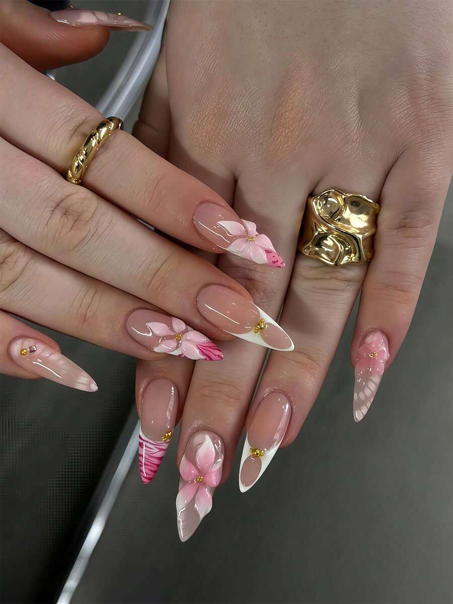 10片法式杏仁形亚克力美甲贴纸，3D扎染花卉纹理装饰，金色珠子设计，清新Y2K风格，光滑表面，全覆盖假指甲，适合女性和女孩日常佩戴的美甲用品
