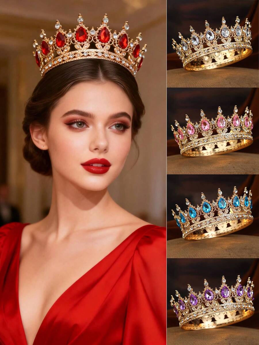 Elegant Baroque Alloy Rhinestone Round Princess Crown Headpiece, Bridal Wedding Party Queen Tiara - Multicolor - View 1