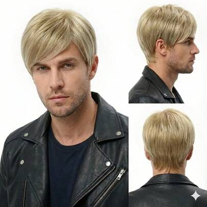 男士合成纤维卷发假发，自然金色，适合日常佩戴、派对和万圣节装扮，款式优雅（男士假发）