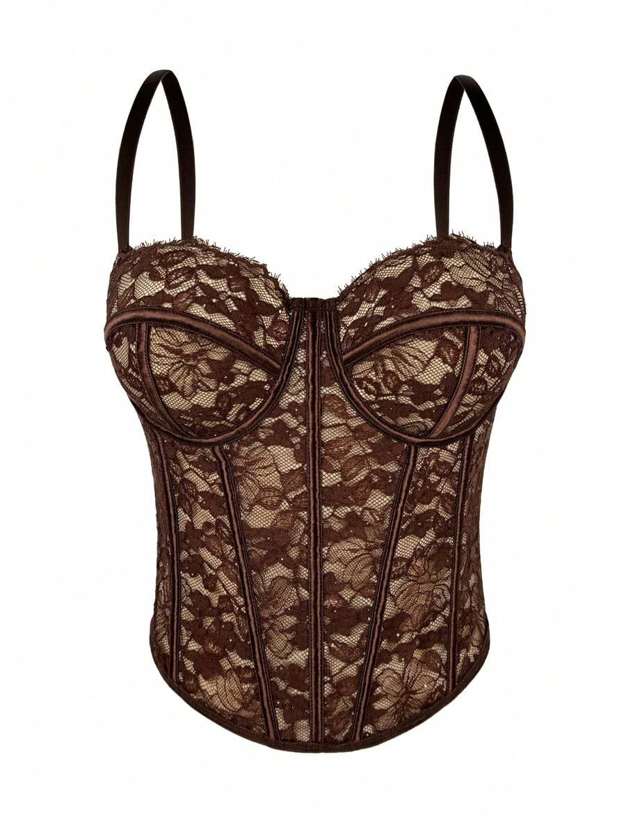 Áo corset kiểu bustier viền ren hoa dành cho nữ, thanh lịch và thoải mái cho mùa hè. - màu nâu - Xem 1