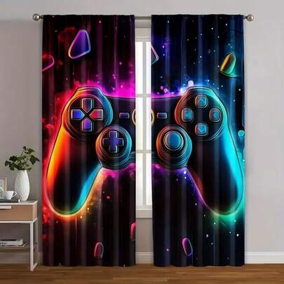 2 Adet Oyun Kumandası Desenli Perde, Geometrik Desenli Perde, Renkli Oyun Kumandası Pencere Dekorasyonu, Yatak Odası ve Oturma Odası Perdeleri, 160gsm