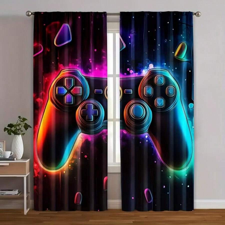 2PCS Game Controller Curtains, Geometric Pattern Curtains, Colored Game Controller Window Decorations, Bedroom Living Room Curtains,160gsm - Multicolor - View 1
