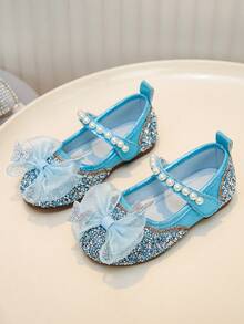 1 Pair Girls' Multi-Color Butterfly Rhinestone Shoes, Pearl Decor Princess Soft Bottom Shoes, Suitable For Spring, Summer, Birthday Party, School Performance, Ethereal And Gentle Little Shoes - Blue - View 2