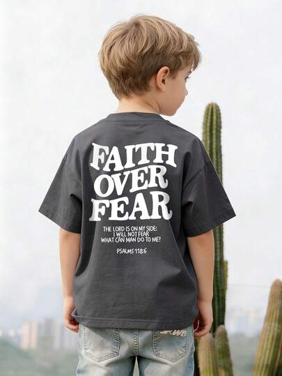 Boys, Children And Teenagers Round Neck Short Sleeve T-Shirt, Summer Top - Providing Comfortable Tees For Kids Who Love Outdoor Adventure! Faith Conquers Fear Graphic Tees