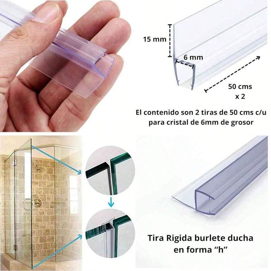 Tira de sellado para cancel de bao puerta de vidrio cristal anti fugas anti derrames barrera de agua para ducha 2 piezas de 50 cms de largo c/u (6 milmetros) - 6 milímetros - Ver 1