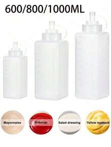 1个装挤压式酱料瓶！防漏设计+清晰刻度，带盖调味瓶，调料盒，适用于烧烤、沙拉和烘焙 - 0.6升/0.8升/1升（20盎司/27盎司/33盎司） - 透明白 - 查看 2