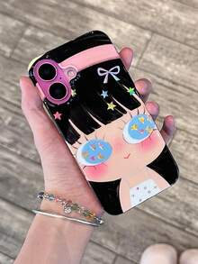1个可爱大眼睛卡通图案个性化手机壳，时尚洛丽塔风格保护套，适用于 17/ 17 Pro Max/ 16 Pro Max/ 15 Pro/ 14/ 13/12/11，是送给家人、朋友、姐妹、女友的理想圣诞礼物 - 黑色 - 查看 3
