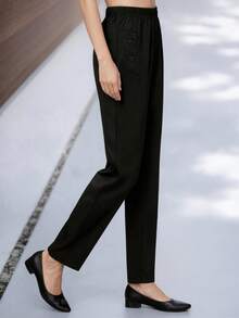 Women's Black Knitted Tapered Carrot Pants, Button Detail, Long Length, Slightly Stretchy, Suitable For Daily Wear - Black - View 3