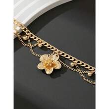 1pc Vacation Style Line & Tassel Golden Flower Pendant Multilayer Anklet For Women (No Gift Box) - 黃金 - 查看 6