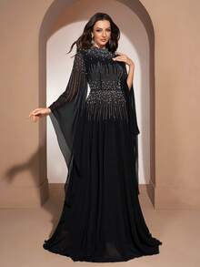 YISIKADO Women's Flowy Chiffon Evening Dress With Rhinestone Embellishment, High Neck Flare Sleeve Maxi Dress For Prom, Wedding Guest & Special Occasions Black - Black - View 4