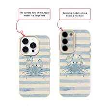 1pc TPU Material Refreshing Striped Handpainted Cute Blue Crab Pattern Phone Case Compatible With IPhone 17 Pro Max/17/16 Pro Max/15/13/12/11, S20 FE/A15/S24/A55, Compatible With Redmi Note 11/Note 12/Note 13 Pro, Full Coverage Anti-Drop Soft Protective Phone Case - White - View 7