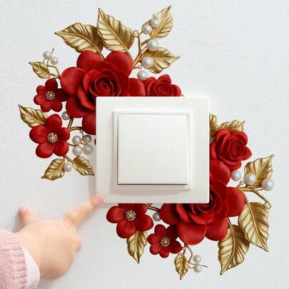 鲜花植物开关贴纸，金色边框，牡丹玫瑰叶子图案，可拆卸花卉开关盖，适用于卧室、客厅、儿童房、浴室，情人节开关装饰