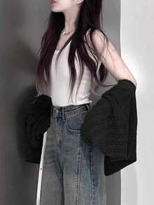 Women's Solid Color Loose Fit Lantern Sleeve Cardigan, Fashionable & Versatile Black Summer - Black - View 5