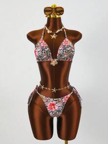 Conjunto de traje de baño de 3 piezas de 2026 con pantalón, falda con doble nudo en la cintura y estampado floral de leopardo, decoración de flores de metal para mujeres en vacaciones de verano, playa y resort, estampado de leopardo marrón - Multicolor - Ver 5