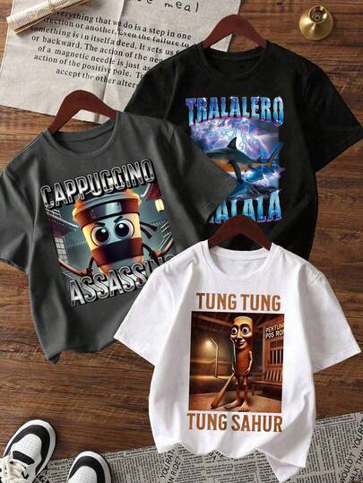 3pcs/Set Boys' Cartoon Graphic Print Crew Neck Short Sleeve T-Shirts, Summer Tops