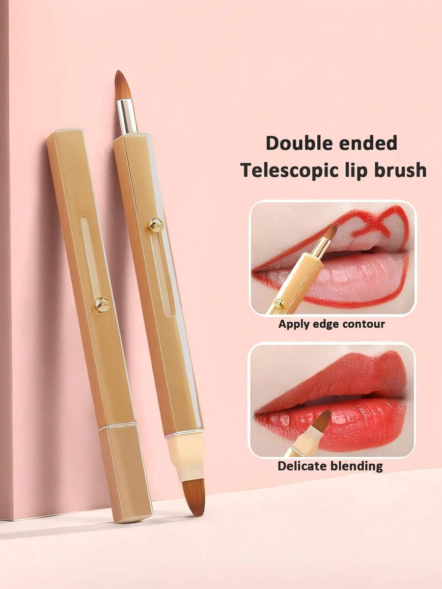 1pc Dual-Ended Lip Brush, Metal Retractable Lip Liner Brush, Concealer Brush With Dust Cover, Multifunctional Makeup Tool - Gold - View 1