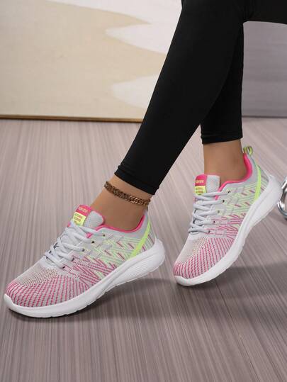 Women's Casual Contrast Color Lace-Up Athletic Sneakers, Suitable For Outdoor, Home, Holiday, Gym, Spring/Autumn