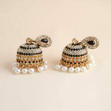 1 Pair Vintage Style Alloy Material Multi-Color Beaded Waterdrop Shaped Earrings, Hollow Bell Design, Small & Delicate, Bohemian Middle Eastern Flower Earrings With Multiple Rhinestones, White Bead Tassel, Suitable For Art, Travel, Holiday, Party, Vacation, Women - Multicolor - View 11