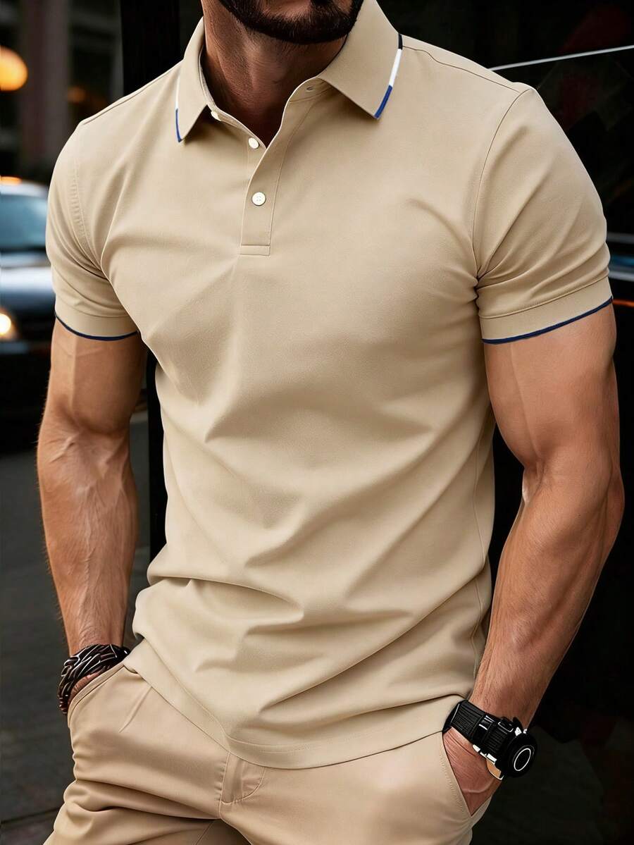 Men's Lightweight Business Casual Polo Shirt, Breathable Short Sleeve Collared Top, Fashion Business Style - Khaki - View 1