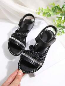 Girls' Black Woven Rhinestone Sandals, Summer Hook And Loop Soft Bottom Open Toe Children's Fashion Sandals - Black - View 3