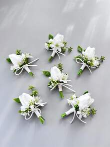 1支/6支装人造PU郁金香新郎胸花男士兄弟腕花毕业别针西装婚礼鲜花派对装饰 - 白色 - 查看 6