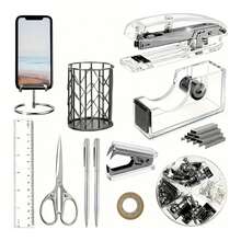 12-piece acrylic office supplies set, encompassing a variety of tools most frequently used in work and study. Suitable for diverse settings including home workspaces, schools, offices, and meeting rooms. - Negro - Ver 2