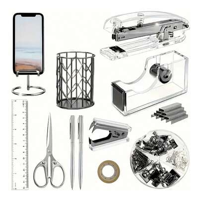 12-piece acrylic office supplies set, encompassing a variety of tools most frequently used in work and study. Suitable for diverse settings including home workspaces, schools, offices, and meeting rooms.