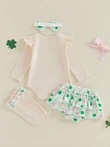 My First St Patricks Day Outfit Baby Girl Romper Shamrock Ruffle Shorts Blommers Socks Set St Patricks Dress Clothes - 杏色 - 查看 2