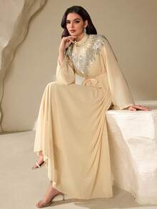 女士立领亮片褶皱腰带设计优雅日常长袖雪纺连衣裙，阿拉伯风格连衣裙，优雅阿巴雅长袍，夏季度假装，春假装，婚礼宾客装，生日装，优雅派对礼服，2026年嘉年华女士造型 - 香檳色 - 查看 7