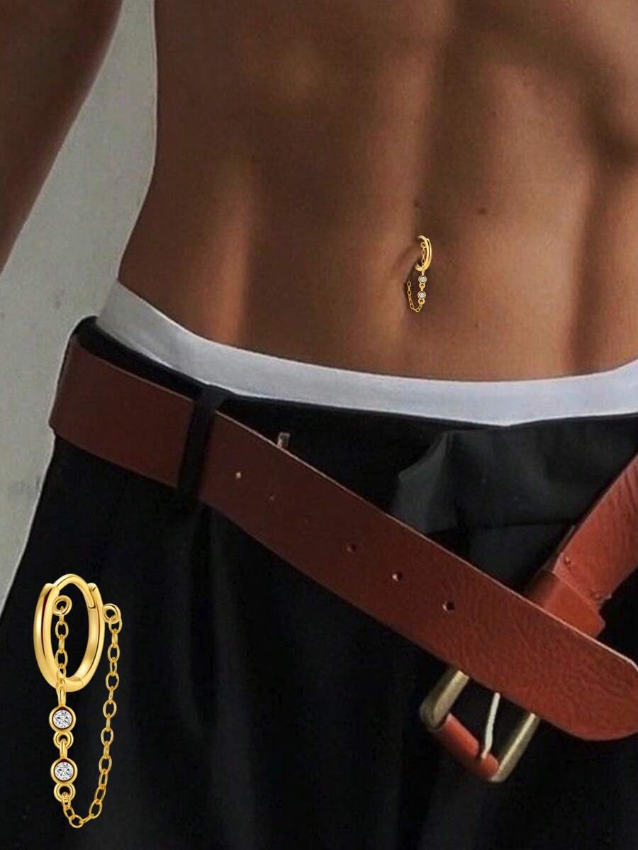 1pc S925 Sterling Silver Zirconia Stone Tassel Navel Ring, Simple Classic Everyday Wear Navel Piercing Jewelry For Women - Single - View 1