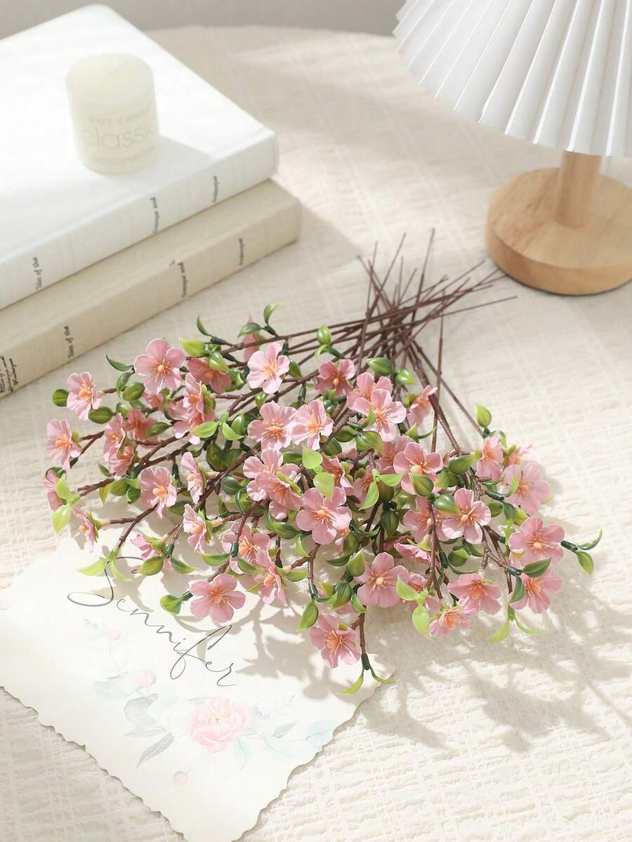 20pcs Artificial Pink Peach Blossom Branches, Suitable For Valentine's Day Decor, Outdoor Floral Arrangement, Home Bedroom, Restaurant, Balcony, Party Decoration - Pink - View 1