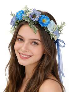 1pc New Floral Headband, Boho Flower Hair Clip, Braided Hair Band, Vintage Bohemian Travel Holiday Headpiece, Coronas, Tiara, Costume Crown, Hair Garland, Head Wreath - Blue - View 6