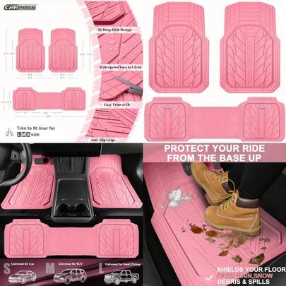 Heavy Rubber Car Floor Mats Deep Waterproof Car Mats All Weather Universal Trim-To Fit Automotive Floor Mats For Car SUV Truck Van Durable Cute Floor Liners For Women Girly All Pink